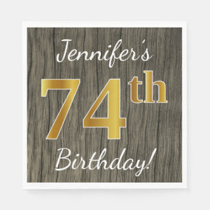 Faux Wood, Faux Gold 74th Birthday + Custom Name Napkin