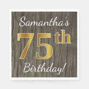Faux Wood, Faux Gold 75th Birthday + Custom Name Napkin