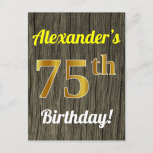 Faux Wood, Faux Gold 75th Birthday & Custom Name Postcard