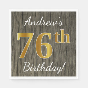 Faux Wood, Faux Gold 76th Birthday + Custom Name Napkin