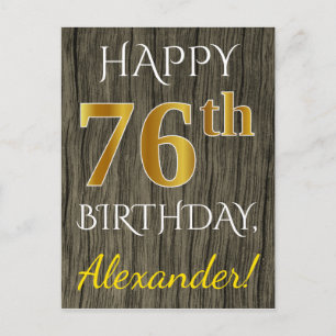Faux Wood, Faux Gold 76th Birthday + Custom Name Postcard