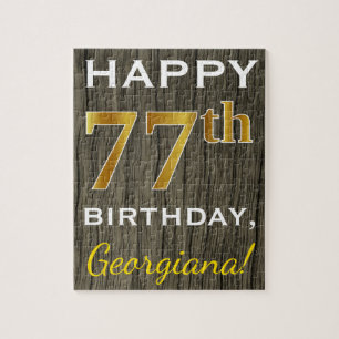 Faux Wood, Faux Gold 77th Birthday + Custom Name Jigsaw Puzzle