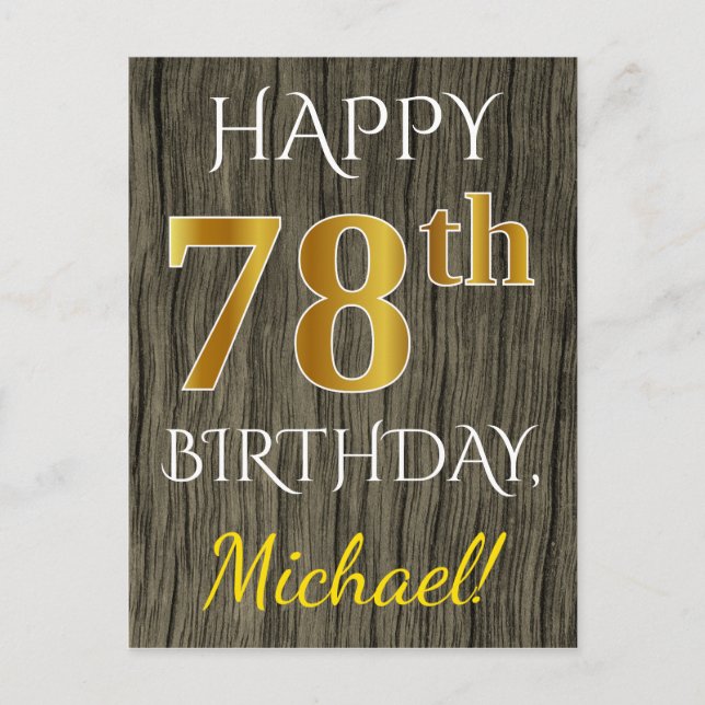 Faux Wood, Faux Gold 78th Birthday + Custom Name Postcard (Front)