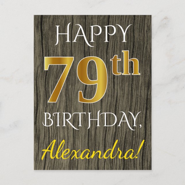 Faux Wood, Faux Gold 79th Birthday + Custom Name Postcard (Front)