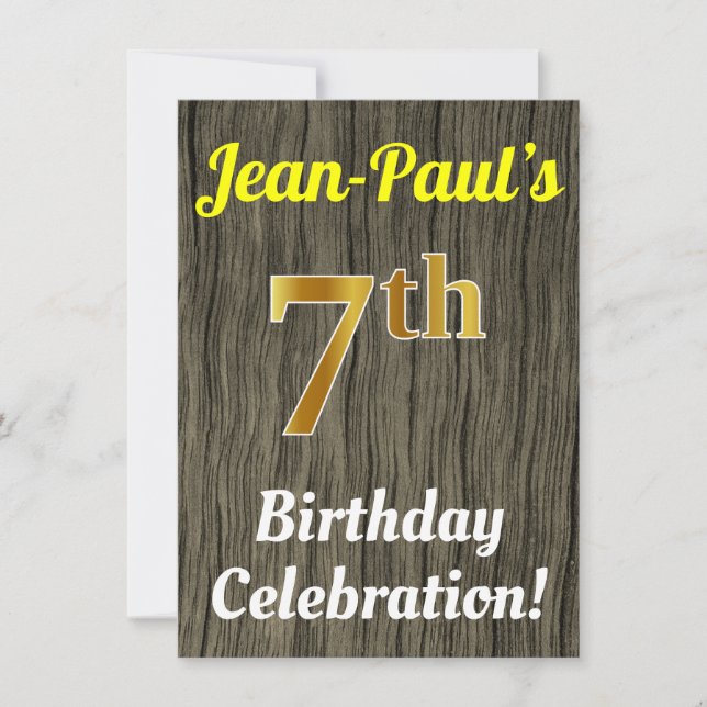 Faux Wood, Faux Gold 7th Birthday Celebration Invitation (Front)