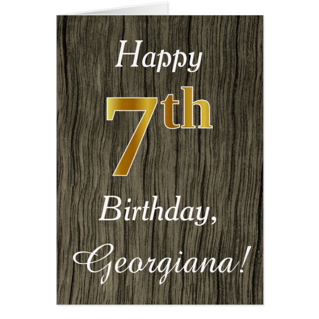 Faux Wood, Faux Gold 7th Birthday + Custom Name (Front)