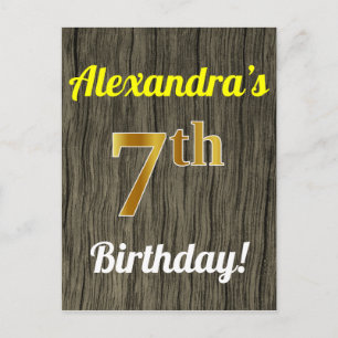 Faux Wood, Faux Gold 7th Birthday & Custom Name Postcard