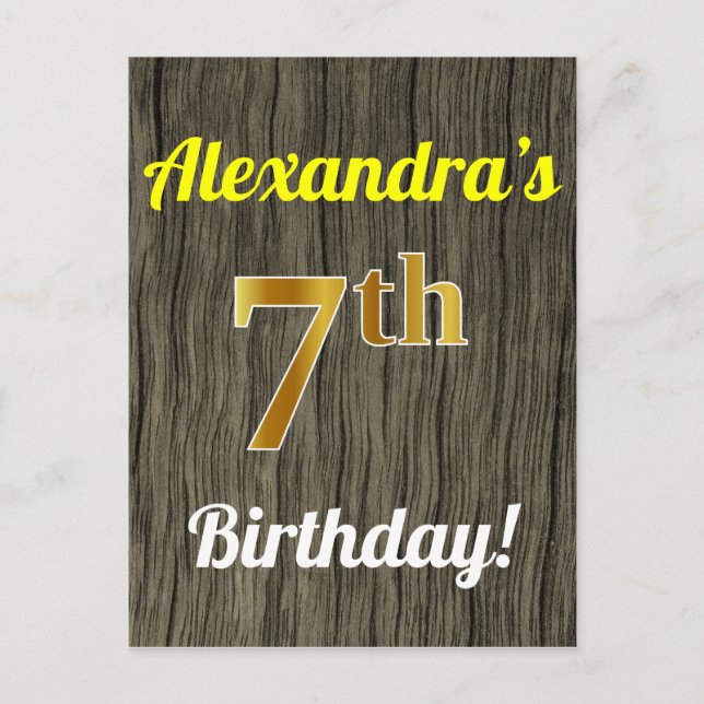 Faux Wood, Faux Gold 7th Birthday & Custom Name Postcard (Front)