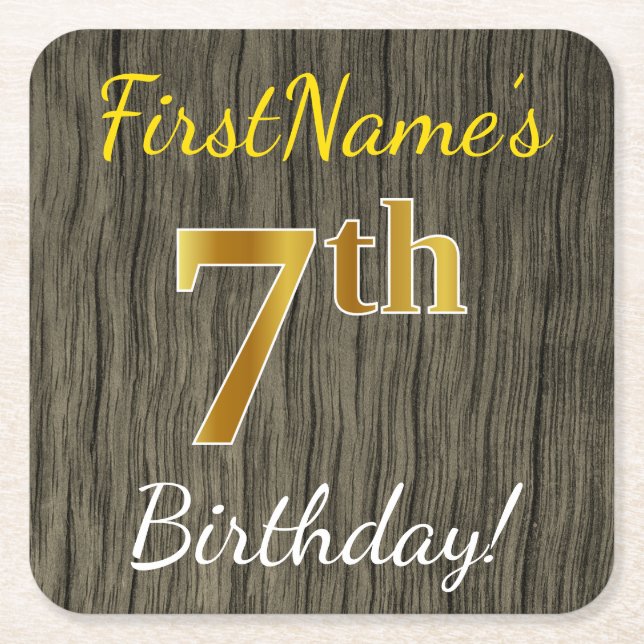 Faux Wood, Faux Gold 7th Birthday + Custom Name Square Paper Coaster (Front)