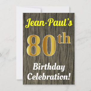 Faux Wood, Faux Gold 80th Birthday Celebration Invitation