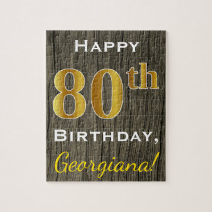 Faux Wood, Faux Gold 80th Birthday + Custom Name Jigsaw Puzzle