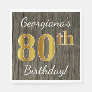 Faux Wood, Faux Gold 80th Birthday + Custom Name Napkin