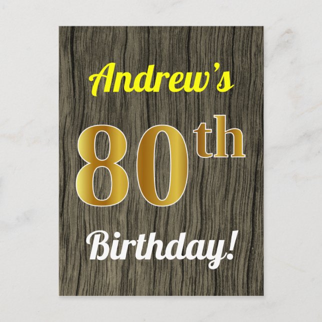 Faux Wood, Faux Gold 80th Birthday & Custom Name Postcard (Front)