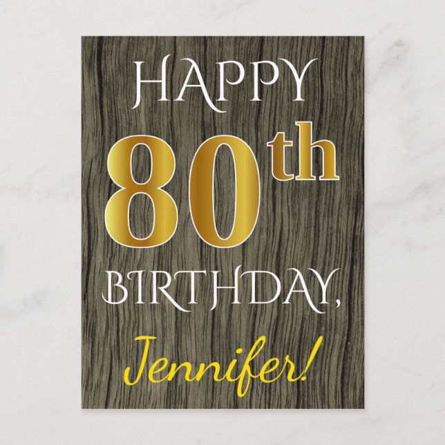 Faux Wood, Faux Gold 80th Birthday + Custom Name Postcard (Front)