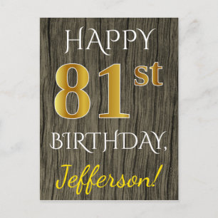 Faux Wood, Faux Gold 81st Birthday + Custom Name Postcard