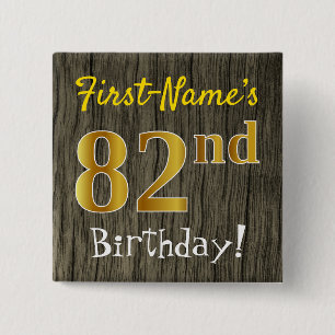 Faux Wood, Faux Gold 82nd Birthday + Custom Name 15 Cm Square Badge