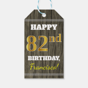 Faux Wood, Faux Gold 82nd Birthday + Custom Name Gift Tags