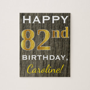 Faux Wood, Faux Gold 82nd Birthday + Custom Name Jigsaw Puzzle