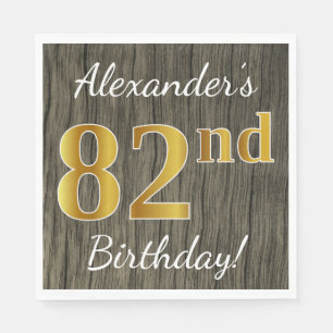 Faux Wood, Faux Gold 82nd Birthday + Custom Name Napkin
