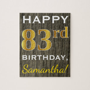 Faux Wood, Faux Gold 83rd Birthday + Custom Name Jigsaw Puzzle