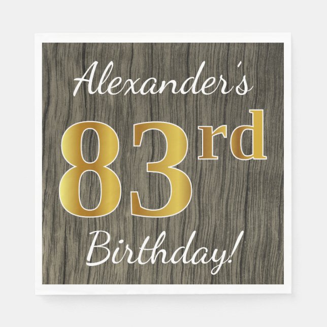 Faux Wood, Faux Gold 83rd Birthday + Custom Name Napkin (Front)