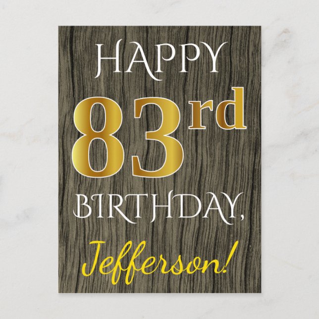 Faux Wood, Faux Gold 83rd Birthday + Custom Name Postcard (Front)