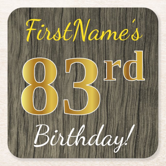 Faux Wood, Faux Gold 83rd Birthday + Custom Name Square Paper Coaster (Front)