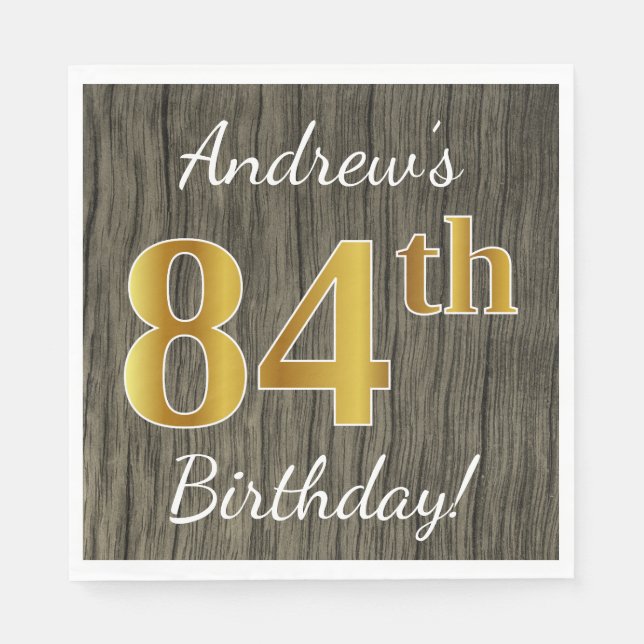 Faux Wood, Faux Gold 84th Birthday + Custom Name Napkin (Front)