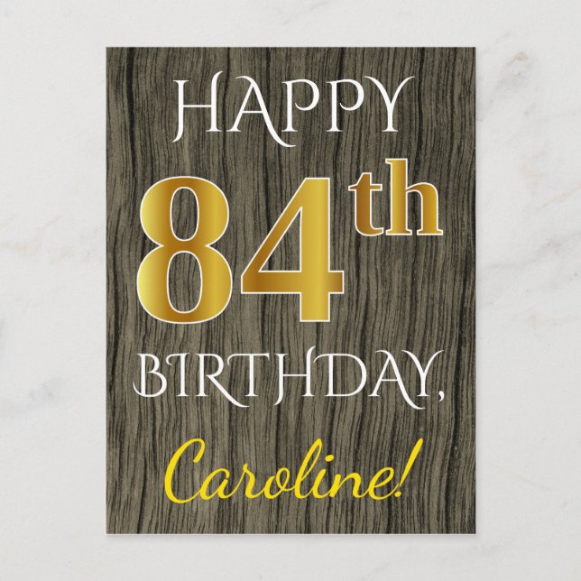 Faux Wood, Faux Gold 84th Birthday + Custom Name Postcard (Front)