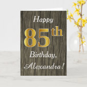 Faux Wood, Faux Gold 85th Birthday + Custom Name Card (Yellow Flower)