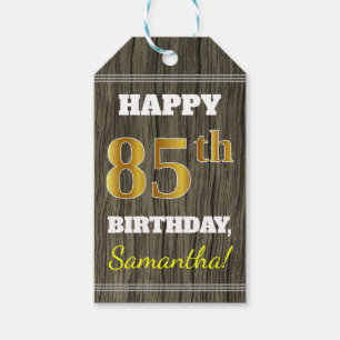 Faux Wood, Faux Gold 85th Birthday + Custom Name Gift Tags