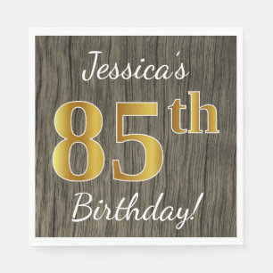 Faux Wood, Faux Gold 85th Birthday + Custom Name Napkin