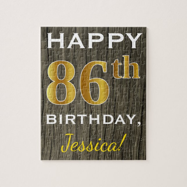 Faux Wood, Faux Gold 86th Birthday + Custom Name Jigsaw Puzzle (Vertical)