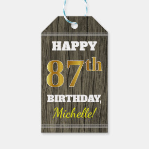 Faux Wood, Faux Gold 87th Birthday + Custom Name Gift Tags