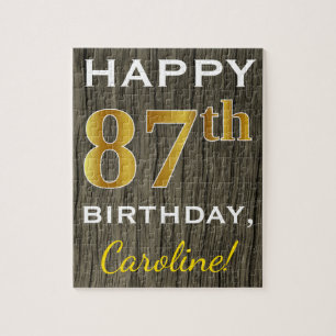 Faux Wood, Faux Gold 87th Birthday + Custom Name Jigsaw Puzzle