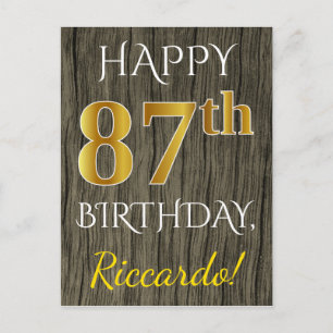 Faux Wood, Faux Gold 87th Birthday + Custom Name Postcard