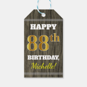 Faux Wood, Faux Gold 88th Birthday + Custom Name Gift Tags