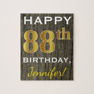 Faux Wood, Faux Gold 88th Birthday + Custom Name Jigsaw Puzzle
