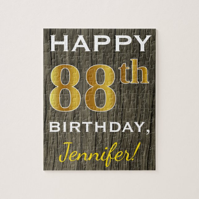 Faux Wood, Faux Gold 88th Birthday + Custom Name Jigsaw Puzzle (Vertical)