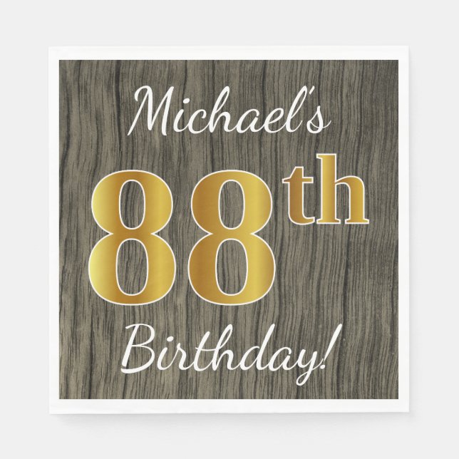 Faux Wood, Faux Gold 88th Birthday + Custom Name Napkin (Front)