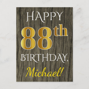 Faux Wood, Faux Gold 88th Birthday + Custom Name Postcard