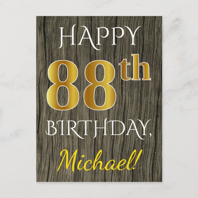 Faux Wood, Faux Gold 88th Birthday + Custom Name Postcard (Front)