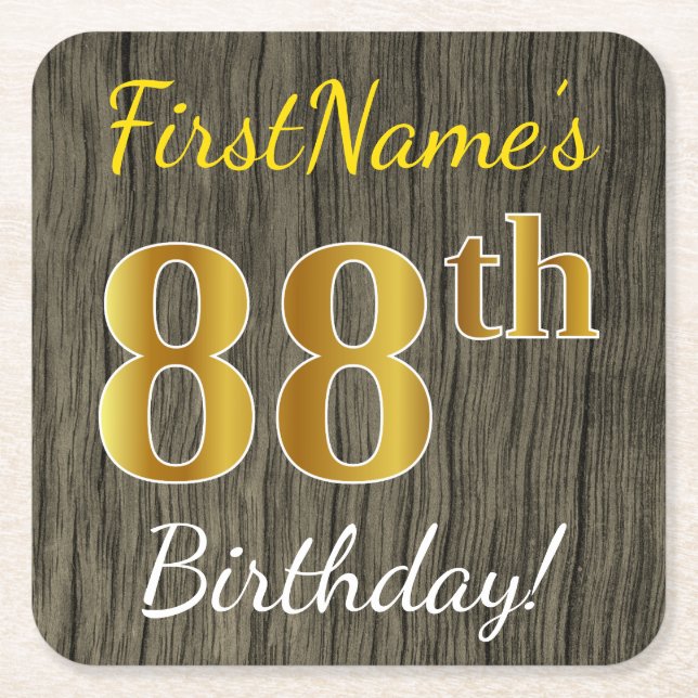 Faux Wood, Faux Gold 88th Birthday + Custom Name Square Paper Coaster (Front)