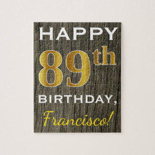 Faux Wood, Faux Gold 89th Birthday + Custom Name Jigsaw Puzzle