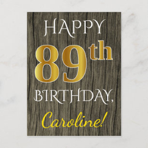 Faux Wood, Faux Gold 89th Birthday + Custom Name Postcard