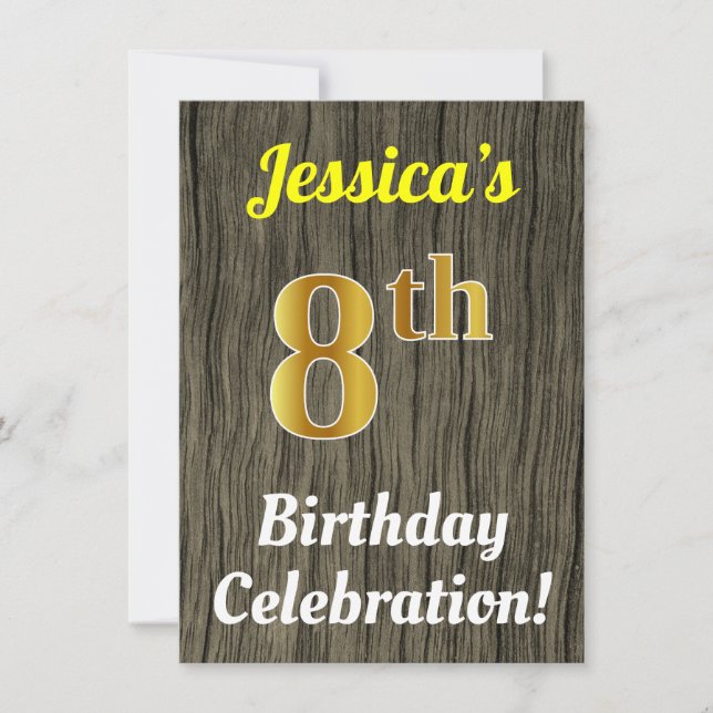 Faux Wood, Faux Gold 8th Birthday Celebration Invitation (Front)