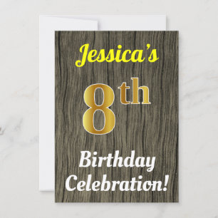 Faux Wood, Faux Gold 8th Birthday Celebration Invitation