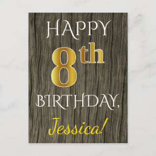 Faux Wood, Faux Gold 8th Birthday + Custom Name Postcard