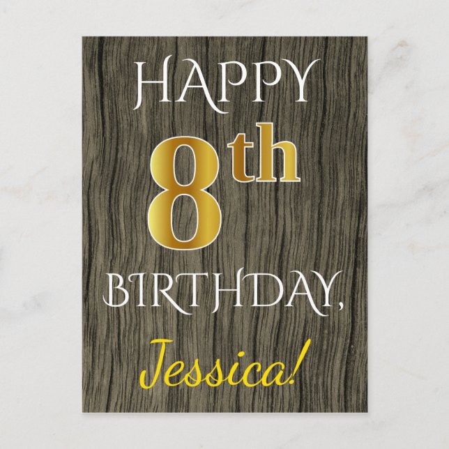 Faux Wood, Faux Gold 8th Birthday + Custom Name Postcard (Front)