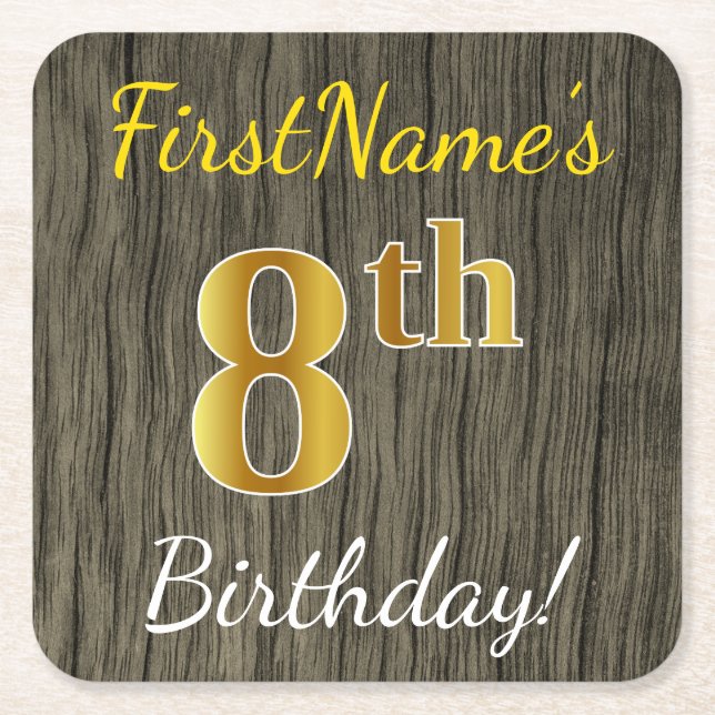 Faux Wood, Faux Gold 8th Birthday + Custom Name Square Paper Coaster (Front)